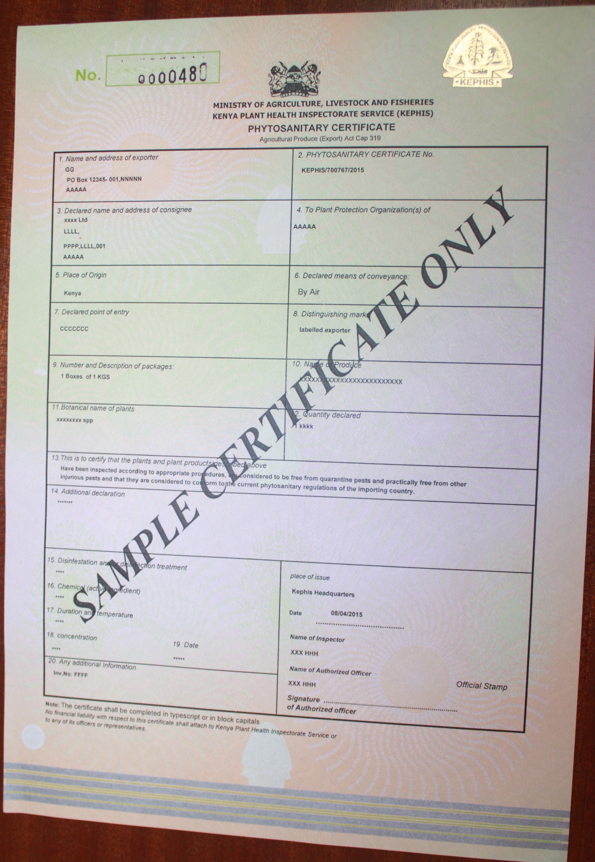 kenya sample certificate Latest  International Plant Obligation  Reporting